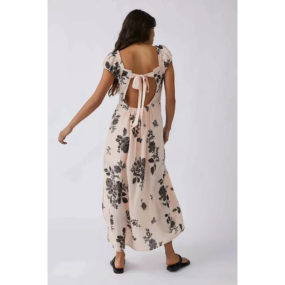 Free People Light Pink‎ Black Floral Coquette Forget Me Not Maxi Dress Size M